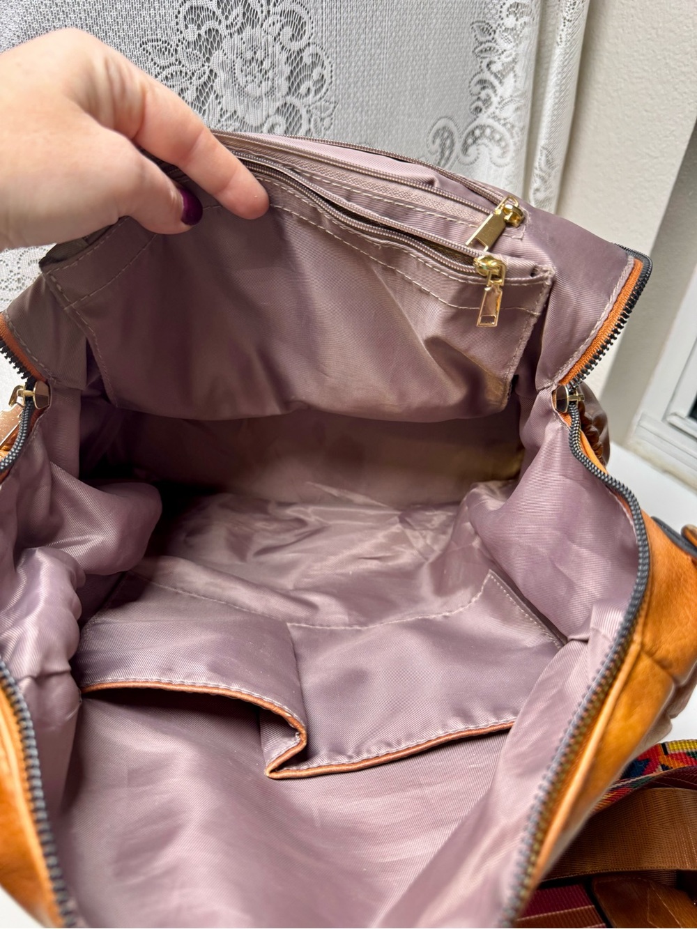Convertible Vegan Leather Backpack Tote in Cognac with Woven Guitar Strap - Picture 5 of 9
